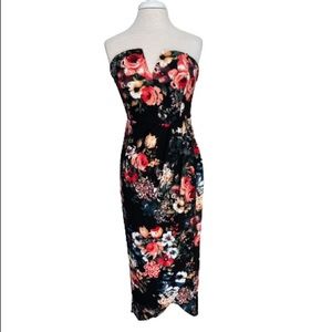 BELLE Journee Strapless Maxi Dress Black Floral Print Form Fitting XL